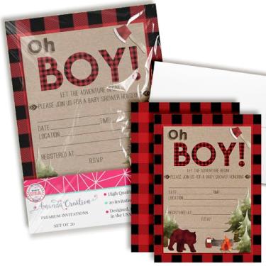 Imagem de Oh Boy! Convites para chá de bebê lenhador xadrez vermelho e preto Outdoorsy, 20 cartões de preenchimento de 12,7 cm x 17,78 cm com vinte envelopes brancos por AmandaCreation