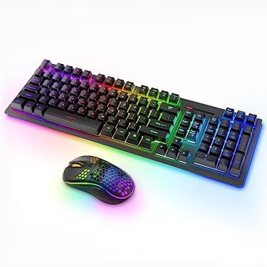 Imagem de Combo de teclado e mouse sem fio RGB retroiluminado, teclado MOOJAY recarregável para jogos de 2,4 G com iluminação sem fio com fio, conjunto ergonômico de modo duplo, para PC/laptop/Windows/Mac -