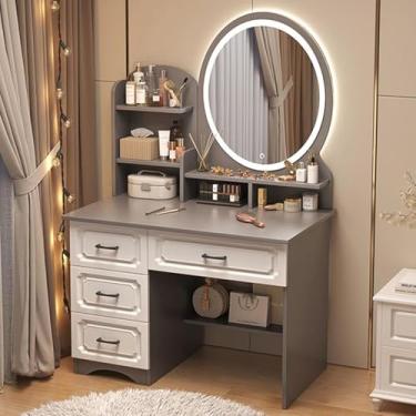 Imagem de Mesa de toucador com espelho, mesa de maquiagem com espelho iluminado, organizador de gaveta, 3 cores de iluminação, fácil de montar para quarto, estúdio, banheiro, B, espelho circular