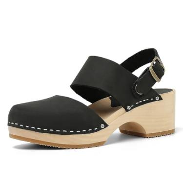 Imagem de Tamanco feminino feito à mão de madeira mule 5,8 cm aberto nas costas tamancos de couro clássico com tira no tornozelo para uso duradouro, Preto, 37