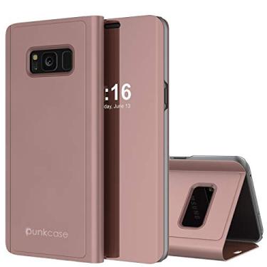 Imagem de Punkcase Capa refletora Galaxy S8 Capa protetora flip com proteção e proteção contra arranhões semi-translúcida frontal e antiderrapante couro PU Suporte integrado traseiro compatível com Samsung Galaxy S8 (ouro rosa)
