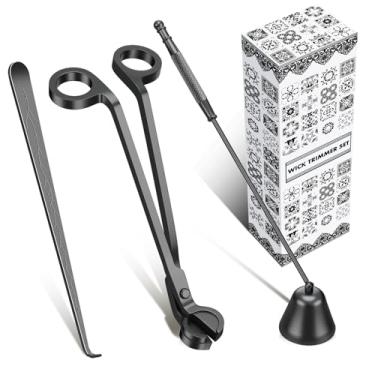 Imagem de calary Aparador de pavio de vela, vela e mergulhador de pavio e conjunto de acessórios de vela, kit de cuidados de velas 3 em 1 para amantes de velas (preto)