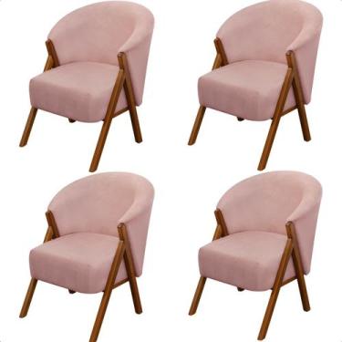 Imagem de Kit 4 Poltrona Sala Yumi Veludo Rosa Pés Madeira Maciça Castanho - ARK