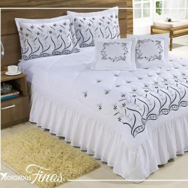 Imagem de Cobre Leito Casal Queen Desejos 07 Peças Bordado - Branco com preto - 