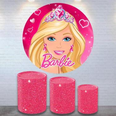 Imagem de Painel Redondo E Capas De Cilindro Sublimados Barbie - DeCarllos