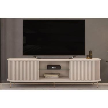 Imagem de Rack Bancada p/ TV até 75 Pol Atlas 100% MDF Ripado c/ 2 Portas 218x62cm Off White - DJ Móveis