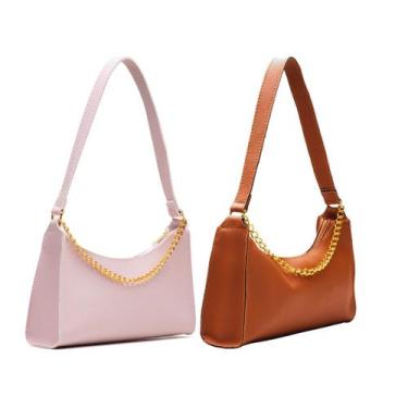 Imagem de Kit 2 Bolsas Femininas Baguetes Lisas Pequenas Correntes de Ombro e de