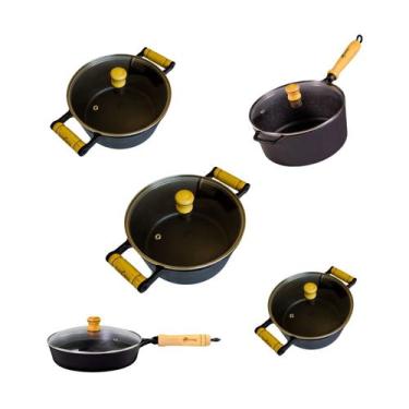 Imagem de Jogo Cozinha 5 Pçs Caçarolas Frigideira Ferro Fundido Antiaderente Tam