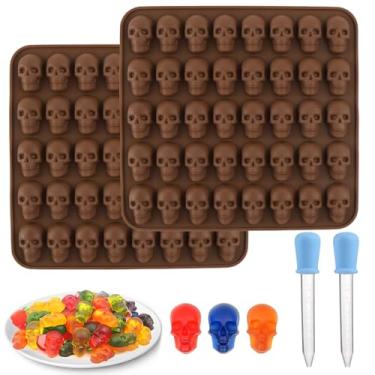 Imagem de Moldes de silicone para doces de caveira de goma, pacote com 2 moldes de silicone antiaderentes de 40 cavidades com 2 conta-gotas, molde de silicone de caveira, moldes de goma para biscoitos de