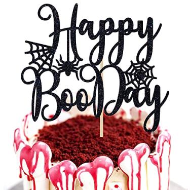 Imagem de Topo de bolo Black Glitter Happy Boo Day, aqui para a decoração de bolos Boos, aniversário temático de Halloween, chá de bebê/revelação de gênero suprimentos de decorações de festa
