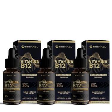 Imagem de 3x B12 Metilcobalamina Gotas Sublingual 414%VD Sabor Morango 30ml Ecom
