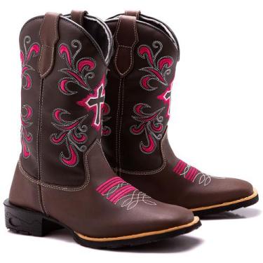 Imagem de Bota  Botina Texana Country Feminina Couro - LUK'S, Marrom bordado ros