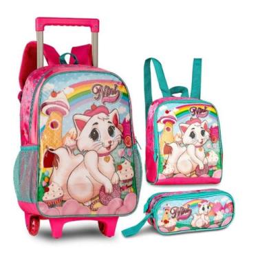 Imagem de Mochila de Rodinhas Costas Escolar Gatinha Nini + Lancheira E Estojo -