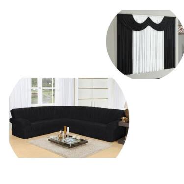 Imagem de Kit Capa Sofá De Canto De Até 5/6 Lugares + Cortina 02 Metros Preto - 