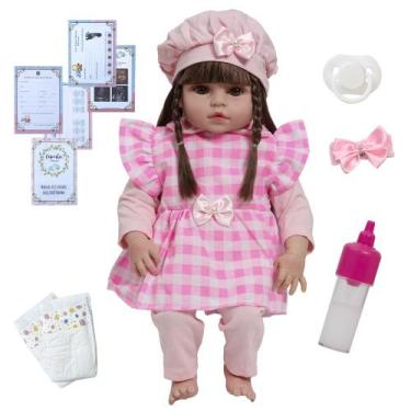Imagem de Bebê Reborn Menina Cabelo Castanho Conjunto Xadrez Rosa - Cegonha Rebo