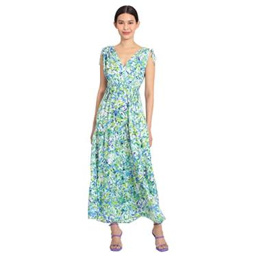 Imagem de Maggy London Maxi feminino em camadas com detalhes de cordão no ombro e na cintura, Branco macio/azul-piscina, 50