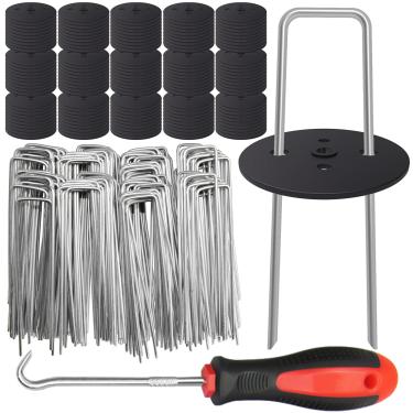 Imagem de EUOKOK Pacote com 200 grampos de paisagem de 15 cm, estacas de jardim resistentes de calibre 11 com 200 gaxetas, pinos de estacas de gramado galvanizados em forma de U para decorações de tecido de