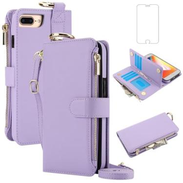 Imagem de Asuwish Capa de telefone para iPhone 7plus 8plus 7/8 Plus carteira com zíper com protetor de tela, alça transversal, suporte para cartão, capa flip para celular i Phone7s 7s + 7+ 8s 8+ Phones8 7p 8p