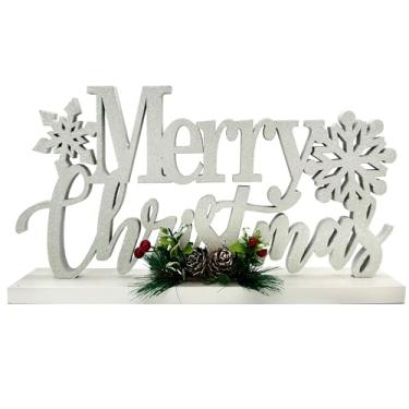 Imagem de Eternhome Decorações de natal feliz natal decoração floco de neve prata brilhante sinal fazenda de madeira inverno decoração rústica vintage feriado bloco mesa para casa cozinha natal