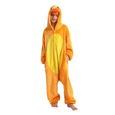 Imagem de LONULAIN Pijama unissex infantil de animal Oneise, meninos meninas flanela com capuz cosplay fantasia de Halloween, roupa de casa/roupa de dormir (pato, 13-14 anos)