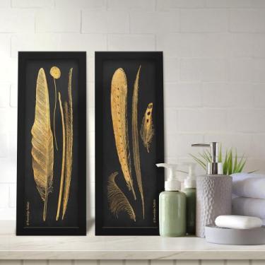 Imagem de Kit 2 Quadros Decorativos Lavabo Pena Dourado Petro Ave Moderno - Deli