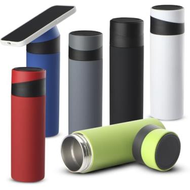 Imagem de Garrafa Térmica 400ML em Aço Inox Com Parede Dupla Isolada a Vácuo, Conserva Temperatura Quente ou Frio Com Apoio Para Celular Na Tampa, Anel De Silicone Para Vedação e Tampa Rosqueável (Cinza)