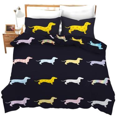 Imagem de feorafei Conjunto de 3 peças de capa de edredom colorido com estampa de cachorro Dachshund com 2 fronhas, tamanho casal, lençol de cama para decoração de quarto para adultos, crianças, meninos e