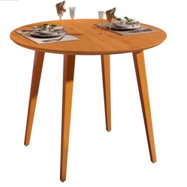 Imagem de Mesa de Jantar Para 4 cadeiras Redonda 90 cm Tampo MDF Pés Madeira Montagem Facil(Freijó)