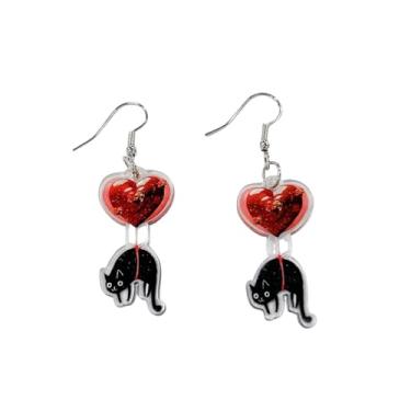 Imagem de Lindo gato vermelho amor coração balão acrílico pendurado brincos para mulheres, moda adorável desenho animado gatinho preto pingente leve brinco de gancho animal joia engraçada, one size, Liga de