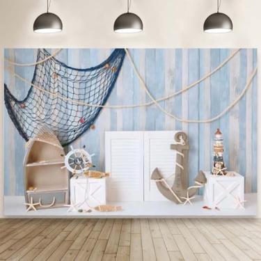 Imagem de Pano de fundo náutico de madeira, verão, tema náutico, decorações de festa de 1º aniversário, barco à vela, leme, rede de pesca, fundo de farol, chá de bebê, bolo de quebra, pano de fundo (2,1 x 1,5