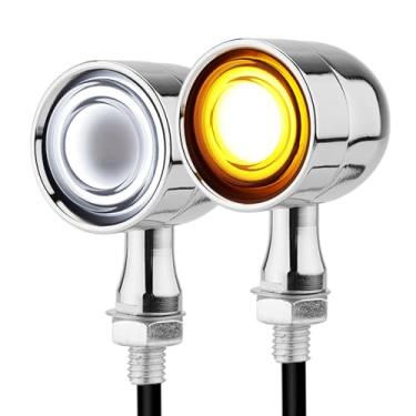 Imagem de Luzes de seta de LED para motocicleta, estilo anel, pisca traseira pequena, ajuste universal, compatível com Harley Sportster Softail Cruiser Street Bike Cafe Race Bobber (cromado, branco e âmbar)