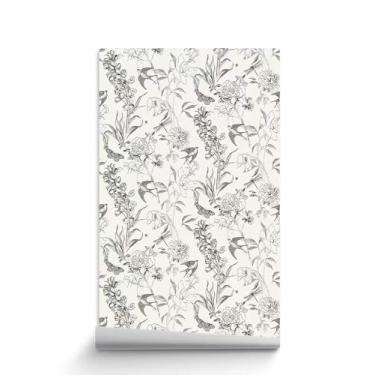 Imagem de Papel de parede floral botânico elegante preto e branco 61 x 38 cm papel de contato para paredes banheiro cozinha armários prateleiras cômoda gaveta móveis artes artesanato decoração