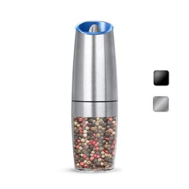 Imagem de KIARYUOLL Moedor elétrico de sal e pimenta por gravidade, moedor automático de sal e pimenta, alimentado por bateria (6 pilhas AAA cada), rugosidade ajustável, luz LED, 1 pacote, (prata)