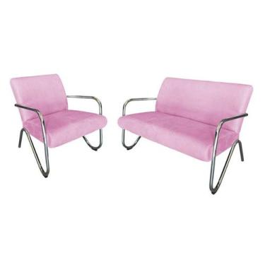 Imagem de Kit Namoradeira + Poltrona Decorativa Bela Suede Rosa Bebê Braço Croma