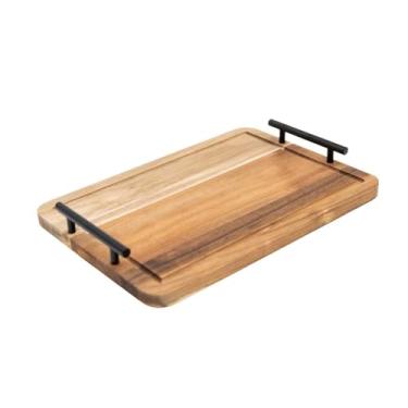 Imagem de Oikos - Bandeja Retangular de Madeira Acácia com Alças de Metal 40cm