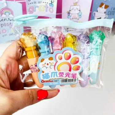 Imagem de Kit Mini Marca Texto Patinha Gato Sosu 6 Cores Cat Kawaii Material Escolar Papelaria Fofa Divertida