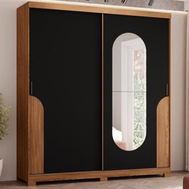 Imagem de Guarda Roupa 2 Portas Deslizantes 3 Gavetas Detalhes e Espelho com Cantos Arredondados Alonzo Espres Marrom/Preto