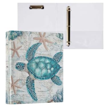 Imagem de Vuiyean Fichário vintage de tartarugas marinhas estrela-do-mar de 3 cm com prancheta e bolsos, fichários de capa dura de tartaruga com mapa náutico, 3 anéis, pasta de arquivo grande resistente para
