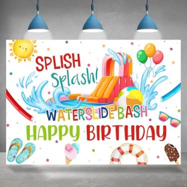 Imagem de Rsuuinu Waterslide temático feliz aniversário pano de fundo respingo água escorregador de água fundo fotografia crianças verão piscina festa decoração suprimentos faixa foto cabine estúdio adereços