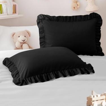 Imagem de Cobedzy Conjunto de 2 fronhas infantis de 33 x 45 cm, fronhas pretas com babados de microfibra escovada, para meninos e meninas, macias, respiráveis e laváveis na máquina
