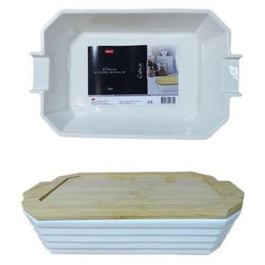 Imagem de Assadeira,Travessa Porcelana Branca c/ Tp Bambu 1un 36x22,5x6cm Galway