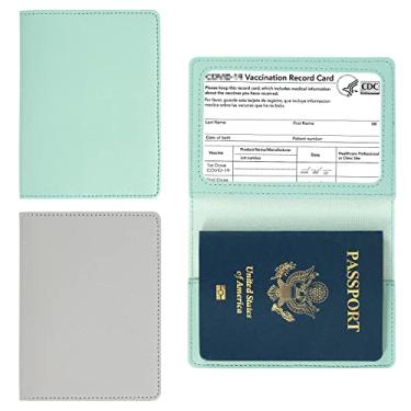 Imagem de Pacote com 2 porta-cartões de passaporte e vacina Arouselove PU carteira para passaporte capa protetora para passaporte de viagem para mulheres e homens, D-cinza e verde, D - cinza e verde