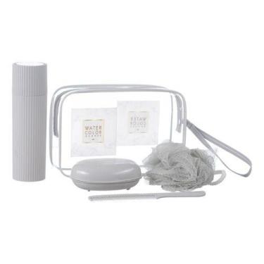 Imagem de Kit Viagem 5 Peças Organizador Banho Esponja Porta Escova - PGB, Cinza
