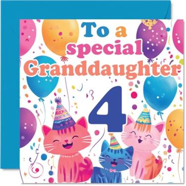 Imagem de Cartão de aniversário 4th Granddaughter - Cute Cats Special Granddaughter - Happy 4th Birthday Card for Granddaughter from Nanny Grandma Grandad, 145 mm x 145 mm Idade 4 Quatro cartões comemorativos