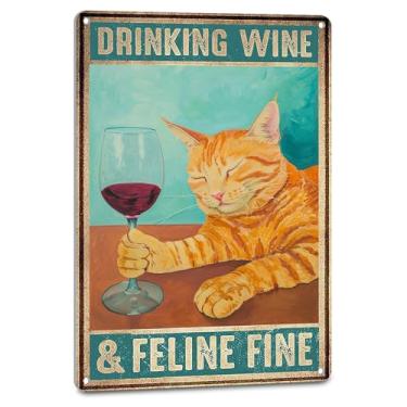 Imagem de NEGLAI Decoração De Bar Vintage, Pôster Vinho, Gato Hippie Para Cozinha, Arte Parede - Placa Fina Bebidas E Felinos, Amantes Acessórios 8X12"