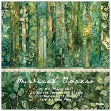 Imagem de WLXTREE Bloco De Papel Para Scrapbook - 6X6" Com Padrão Floresta Verde, Artesanato Decorativo Scrapbooking, Planejador, Bullet Junk Journal, Materiais Colagem Mídia Mista, Fabricação Cartões, 24 Fol