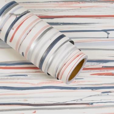 Imagem de VaryStyle Papel de parede listrado moderno descasque e cole branco/azul marinho/prata/laranja, papel de parede listrado irregular, amigável ao locatário, papel de contato autoadesivo removível para