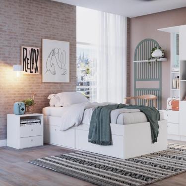 Imagem de Quarto Juvenil Com Cama, Guarda Roupas E Mesa De Cabeceira 80 Tókio Branco