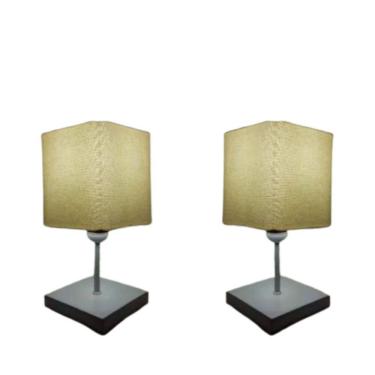 Imagem de Kit/2 Abajur Quadrado de Mesa Md-2008 Base Branco Cúpula Tec 15/13x13cm Algodão Crú - Bivolt