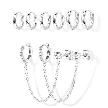 Imagem de Poxtex Brincos de argola de corrente prateada para mulheres, conjunto de brincos de argola de cartilagem pequena para piercings duplos múltiplos, hélice de concha, torre, targus daith, conjunto de